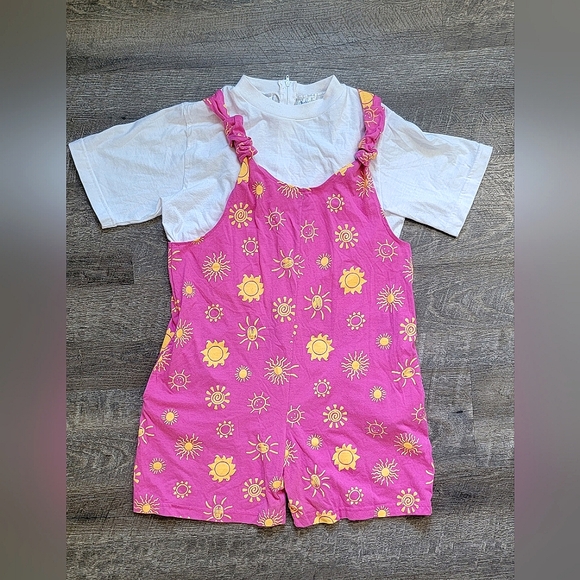 Christie Brooks Other - Vintg Early 90's Romper Girls 16/ Women's XS Pink w/90's Style Sun Built-in Tee
